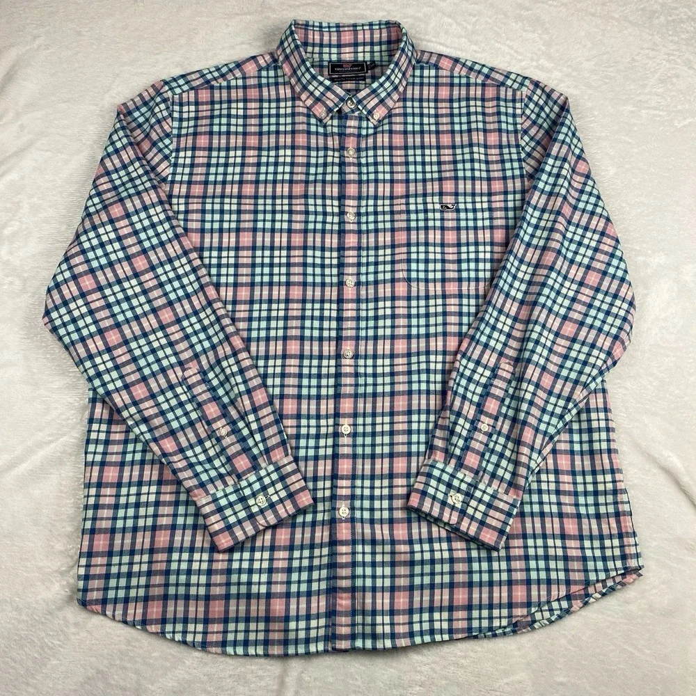 Vineyard Vines Men's XXL Slim Fit Tucker Shirt Blue Pink Check Long Sleeve Soft - Picture 6 of 10